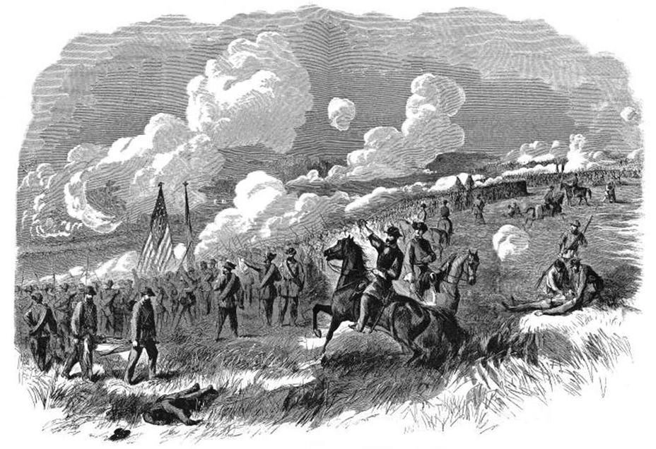 Первый и второй Род-Айлендские полки и семьдесят первый Нью-Йоркский полк под командованием полковника Бёрнсайда идут в атаку на батарею повстанцев, гравюра из газеты «New York Illustrated News», 5 августа 1861 г.