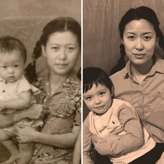 “На фото слева бабушка с моим отцом, а справа я держу своего сына. Между снимками разница в 65 лет”. 