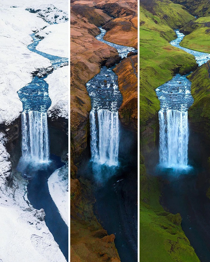 Исландский водопад в разное время года. 